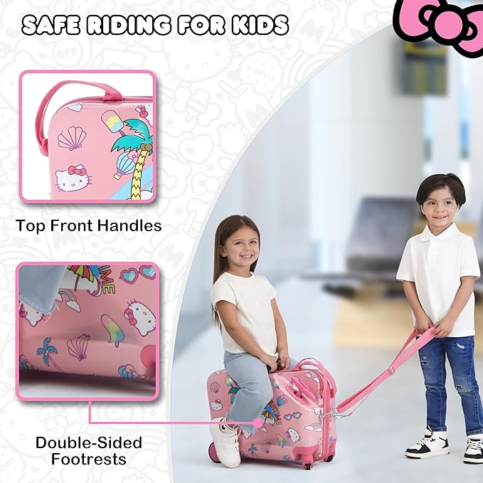 FUL Hello Kitty 19 Inch Carry On Luggage, Kids Ride On Suitcase with Spinner Wheels, Hardshell Rolling Travel Trolley, Pink
