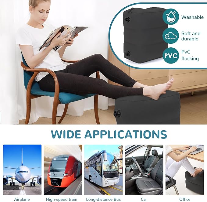 Inflatable Travel Foot Rest Pillow, Adjustable 3 Layers Height Leg Rest Pillow, Kids Airplane Bed, Adults Travel Essentials on Plane, Trains, Cars, Office, Home (Black, 1 PC)