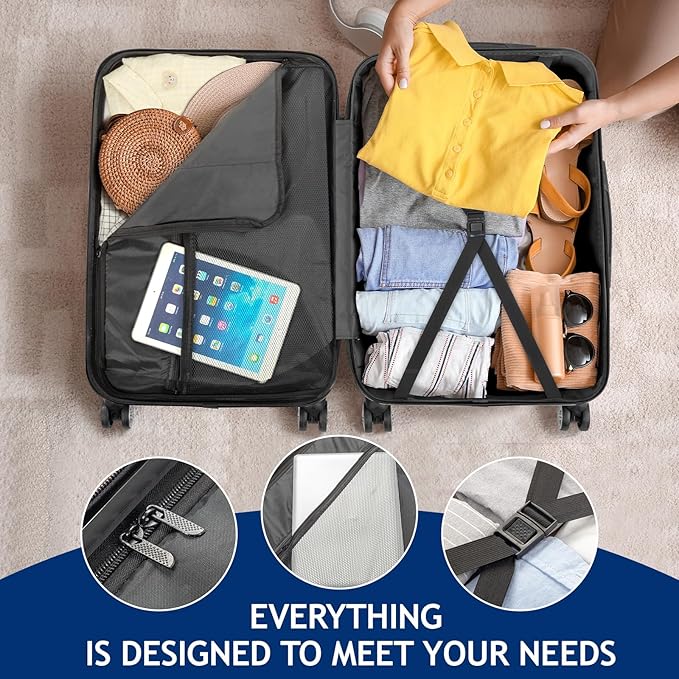 3 Piece Luggage Sets, Lightweight ABS Suitcase with 4 Spinner Wheels ＆ TSA Locks, Hardside Carry On Luggage Durable Suitcase Set for Family Travel Business - Tibetan Blue, 20/24/28