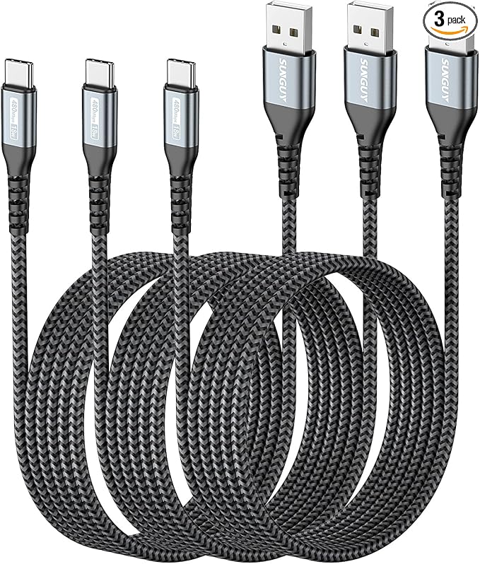SUNGUY USB to USB C Cable 6FT, 3Pack USB A to USB C Cable 3A Type C Charger Fast Charging Nylon Braided for iPhone 16 15 Pro/Pro Max/Plus, Samsung Galaxy S23/S22/S21, USB C Devices