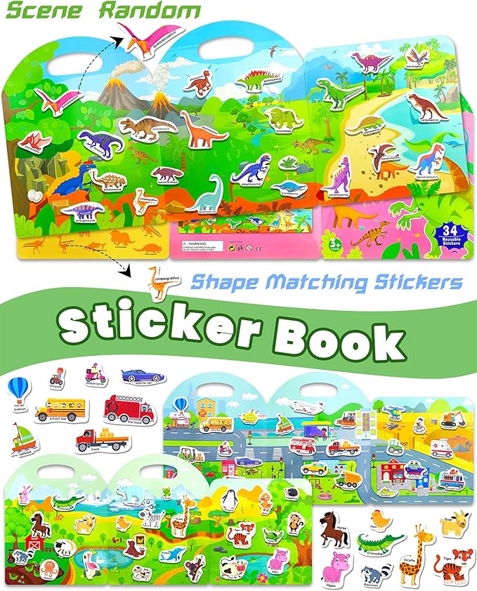 Walenced Reusable Sticker Book for Toddlers, Stickers for Kids, Toddler Sticker Book, Toddler Craft Activities, Toddler Travel Toys Boy Girl Birthday Gifts