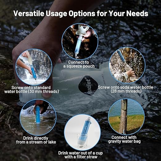 Yuclet Squeeze Water Filtration System with Four 34-Oz Squeezable Pouches and 0.1 Micron Filter Straw, Portable Water Purifier Survival for Backpacking, Camping, Hiking and Emergency Preparedness