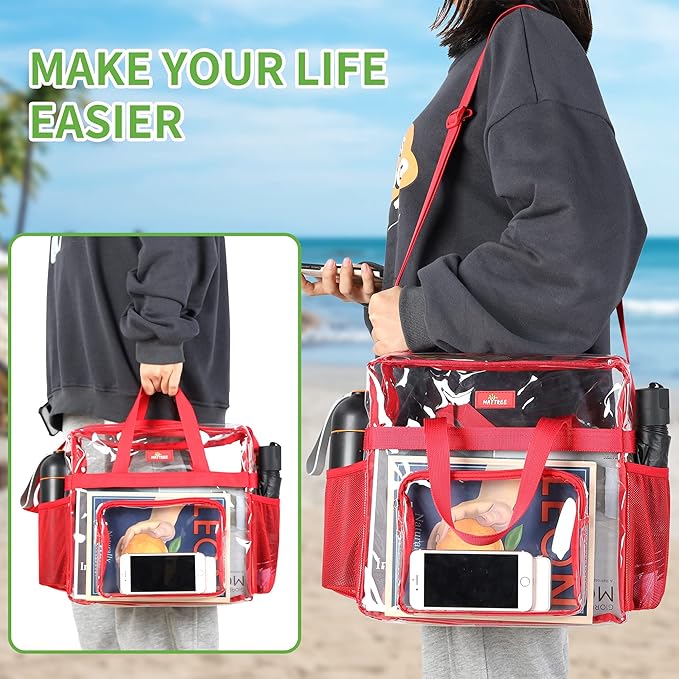 MAY TREE Clear Bag for Stadium Events 12×6×12 Clear Tote Lunch Bag with Reinforced Straps for Work, Sporting Events and Gym, Red