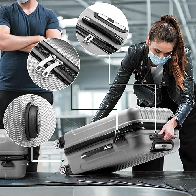 3 Piece Luggage Sets, Lightweight ABS Suitcase with 4 Spinner Wheels ＆ TSA Locks, Hardside Carry On Luggage Durable Suitcase Set for Family Travel Business - Grey, 20/24/28
