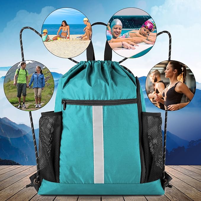 BeeGreen Teal String Backpack Bag Cinch Sack with Shoe Compartment and Two Zipper Pockets and Two Side Mesh Pockets Lightweight Large Drawstring Gym Sackpack for Men and Women