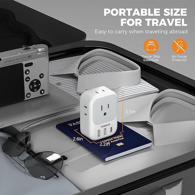 Switzerland Travel Plug Adapter 2 Pack, TESSAN Type J Adaptor with 4 Outlets 3 USB Charging Ports(1 USB C PD 20W), Swiss Travel Plug for US to Switzerland, Liechtenstein, Rwanda