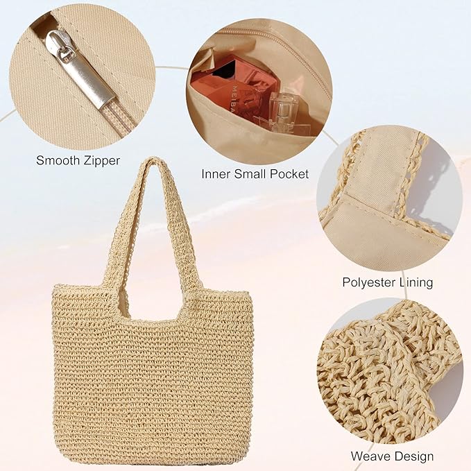 GOLDTIMO Beach Bags for Women - Summer Soft Large Woven Shoulder Purse Handbag, Beach Tote Straw Bag for Summer Vacation