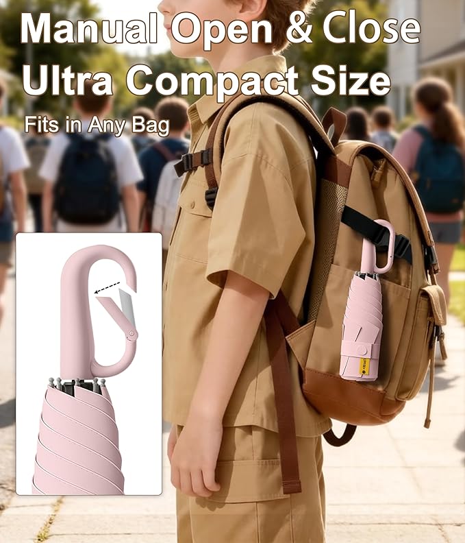 Mini Travel Umbrella with Carabiner Handle UPF 50+ Sun & Rain Protection Portable Manual Open Close Windproof Umbrella Small Compact Portable Parasol for Commuter Kids Women Men