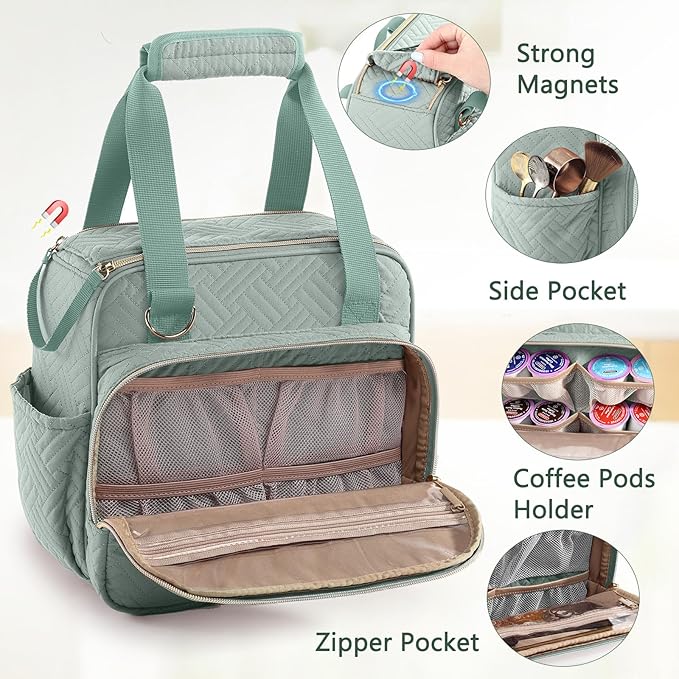BAGSPRITE Coffee Maker Travel Bag Compatible with Keurig K-Mini Mate, Full Open Carrying Case with Quilted Padded Soft Microfiber, K--Cup Single Serve Coffee Maker Bag with Pod Organizer, Mug Pockets