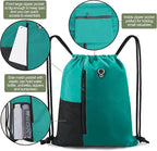 BeeGreen Marrs Green Drawstring Backpack Gym Bag For Men & Women – Sports Sackpack with Mesh Water Bottle Holder & 2 Zippered Pockets – Large 16x20 Inch Cinch String Backpack