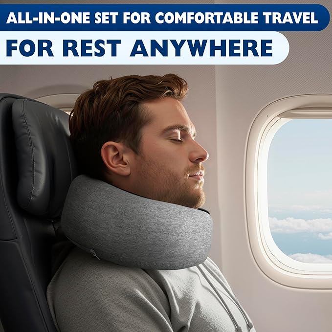 Travel Neck Pillow – 4-in-1 Set | Adjustable Memory Foam Airline Pillows for Sleeping on Long Flights, Earplugs, Eye Mask, & Cover | Cotton Cover, Hook-and-Loop Closure – Car and Train Use, G-Shaped