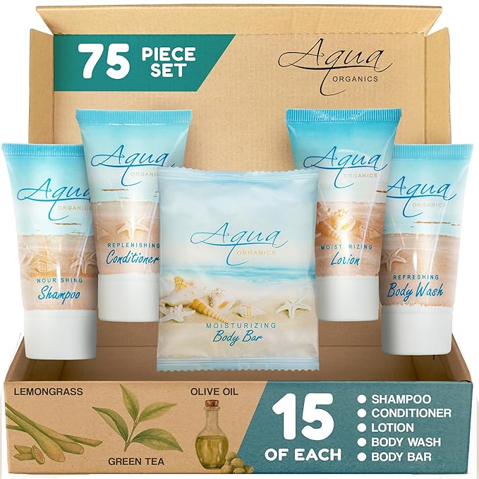 Aqua Organics Hotel Soaps & Toiletries Bulk Set | 1-Shoppe Amenities Kit | 1oz Shampoo & Conditioner, Body Wash, Lotion, 1oz Bar Soap | Travel Size | 75 Pieces