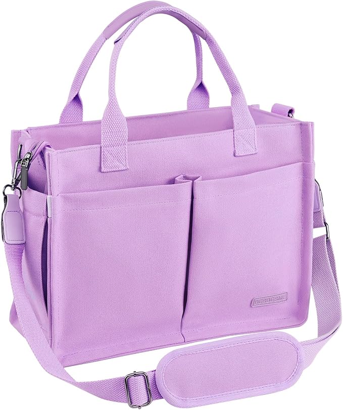 BESBESME Canvas Tote Bag for Women with Zipper & Compartments– Large Work & College Laptop Tote Crossbody Shoulder Bag