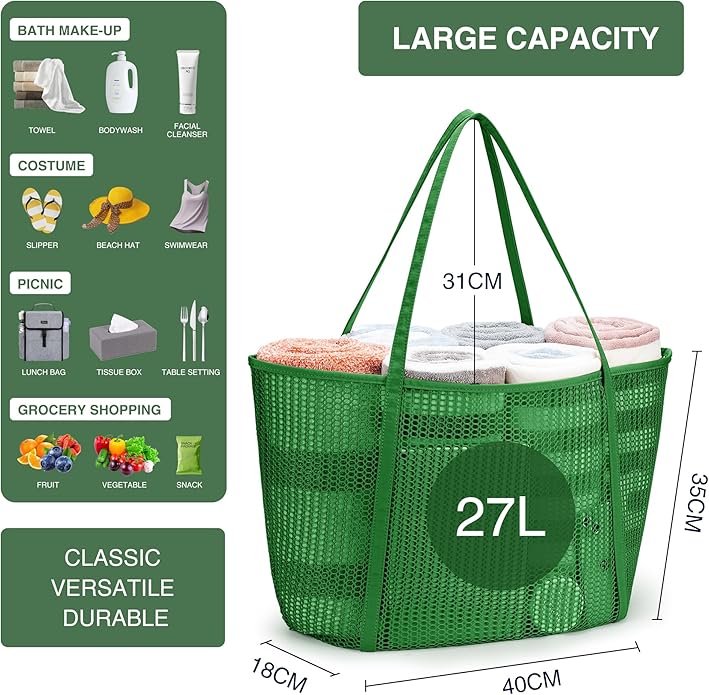 KALIDI Upgrade Version Beach Mesh Tote Bag MAX 27L Large capacity,Shoulder Bag Nylon Hobo Women Casual Foldable Beach Picnic