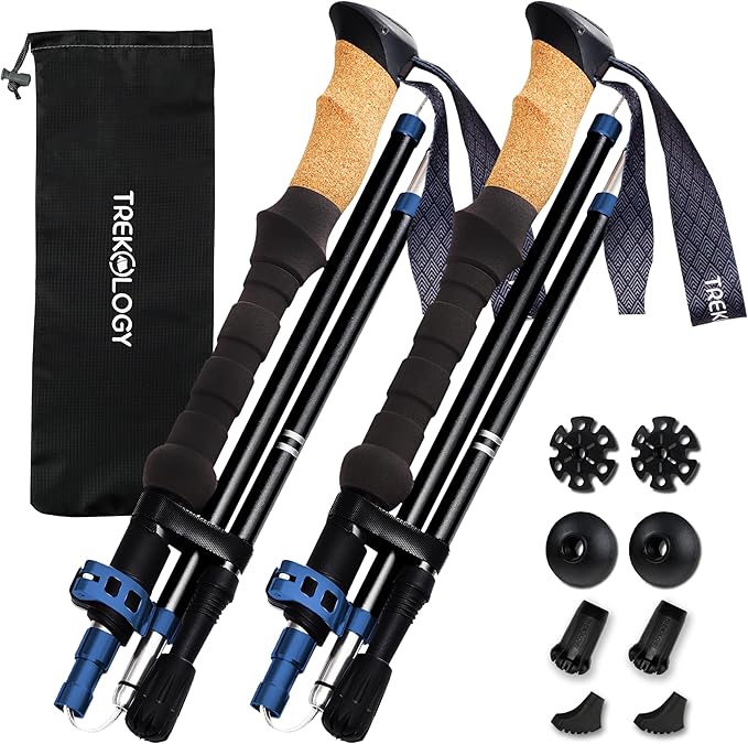 TREKOLOGY Trek-Z Cork Grip Trekking Poles – Lightweight Folding Hiking Poles, Adjustable Height, Compact Travel Design, Aircraft-Grade Aluminum Walking Sticks for Men & Women