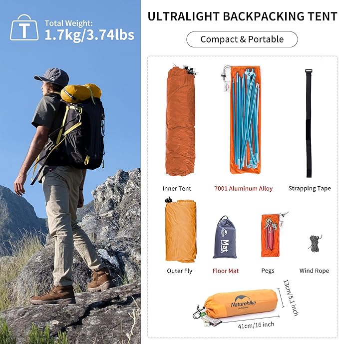 Naturehike Cloud Up Tent, Lightweight Backpacking Tents, Waterproof Ultralight Tent for Camping Hiking Backpacking