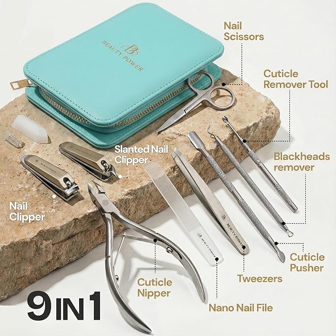 Beauty Power 9 in 1 Professional Manicure Pedicure Set - Stainless Steel Nail Clippers, Nano File, Cuticle Nipper, Scissors, Tweezers, Travel PU Leather Case for Men & Women - Gift Ready New (Blue)