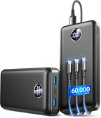 Portable Charger Power Bank - 60,000mAh Battery Pack, 22.5W Fast Charging Phone Charger Attached USB-C/iOS/Micro-USB Cable, Powerbank for iPhone 17 16 15 14 13 Samsung, for Travel Camping Essentials
