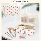 Relavel Makeup Bag, Small Makeup Bag for Women, Travel Cosmetic Bag, 2 Layers Waterproof Makeup Organizer Storage with Makeup Brush Holder, White Straberry