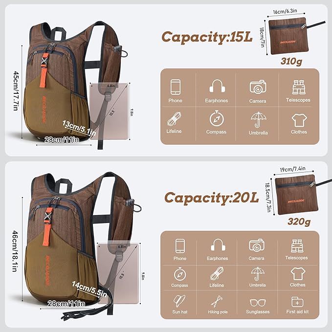 BECOJADDE 20L Small Hiking Backpack for Men Women Foldable Packable Back Pack Ultralight Hiking Daypack for Travel Camping Outdoor, Chocolate Brown