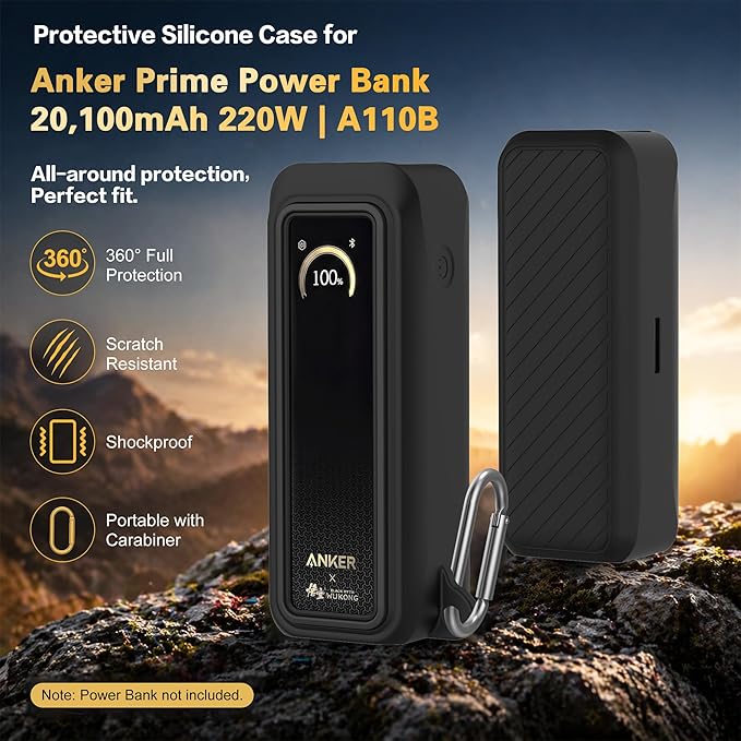 Silicone Case for Anker Prime Power Bank 20100mAh 220W Travel Protective Cover, Full-Body Shockproof | Compact | Tactile Grip | Impact Protect for Anker Power Bank 220W with Keychain (Black)