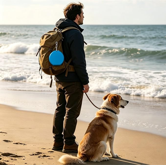 Foldable Dog Travel Bowl with Carabiner Clip, Portable Pet Water Bowl for Hiking Camping Walking, Collapsible Silicone Outdoor Dog Bowl, Space Saving Food & Water Dish for Puppy (Blue)