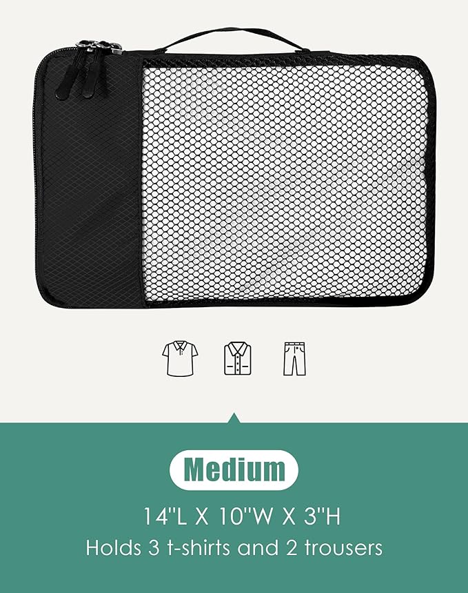 WTREE 4-Piece Packing Cubes Travel Accessories Set for Suitcases - Luggage Organizer Bags with Double Zipper - Mesh Top - Medium - Black