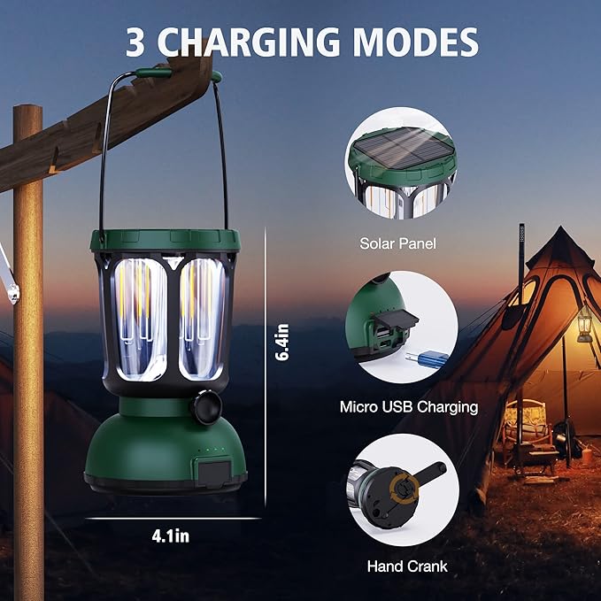 Raynic 6000 LED Camping Lantern, 650LM Hand Crank Solar Battery Powered Rechargeable Lantern, Emergency Lights for Home Power Failure, Hurricane, USB Cable Included