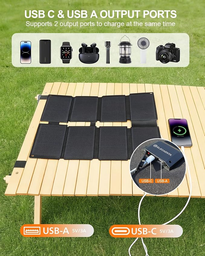ELECAENTA 25W HPBC Solar Panel, 25.4% Conversion, Only 0.9 lbs, Pocket Size Ultra Light, USB C & USB A Fast Charging, Portable Solar Charger for Cellphones, Camping, Hiking, Backpacking