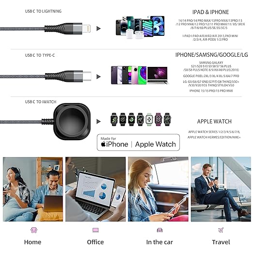 Apple Watch Charger Multi Charging Cable 6FT, Nylon Braided USB AM Port to Lightning Type C USB C Cord iWatch Magnetic Wireless 3 in 1 Charging Wire for iPhone Android Phone and iWatch