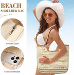 Pleneal Crochet Beach Bag, Summer Woven Tote Bag with Lining, Soft Purse Shoulder Bags for Vacation