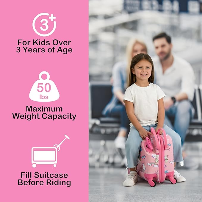 FUL Hello Kitty 19 Inch Carry On Luggage, Kids Ride On Suitcase with Spinner Wheels, Hardshell Rolling Travel Trolley, Pink