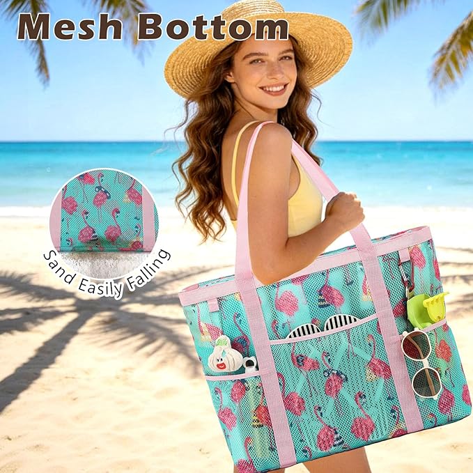 Fammart Mesh Beach Bag with Zipper, Large Beach Tote for Women, Toys Pool Swim Bag Travel Vacation Cruise Essentials