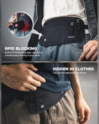 VULKIT Money Belt for Travel, Hidden Passport Holder, Anti-Theft Travel Wallet Under Clothes, RFID Blocking Waist Pouch, Undercover Fanny Pack, Carbon Black