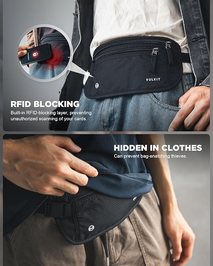 VULKIT Money Belt for Travel, Hidden Passport Holder, Anti-Theft Travel Wallet Under Clothes, RFID Blocking Waist Pouch, Undercover Fanny Pack, Carbon Black