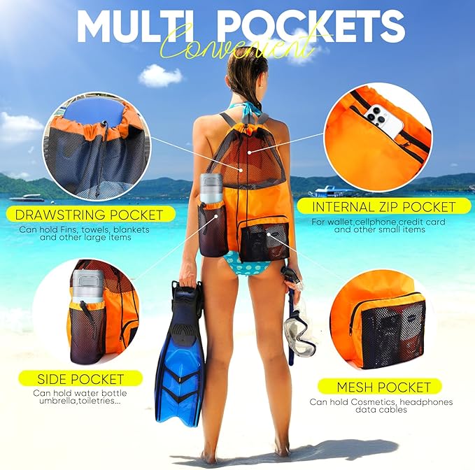 HOHOM Swim Mesh Beach Bag, Waterproof Gym Bags for Women and Men, Large Pool Bag Swimming Gear Drawstring Backpack