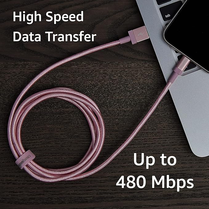 Amazon Basics USB-A to Lightning Cable, Apple MFi Certified, Nylon Braided Cord for iPhone 14 13 12 11 X Xs Pro, Pro Max, Plus, iPad, High Speed Transfer, 6 Foot, Rose Gold