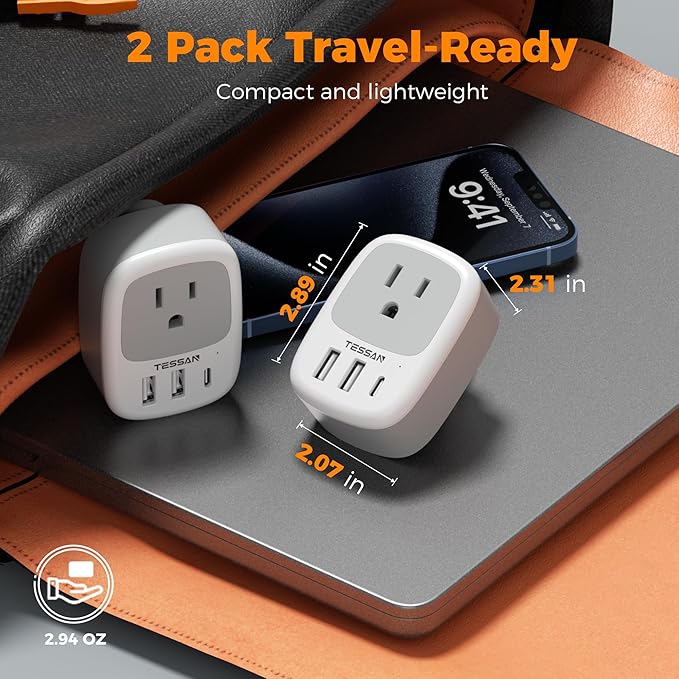 2 Pack US to India Plug Adapter, TESSAN Type D Travel Adapter with 1 Electrical Outlet 3 USB Ports (1 USB C), Power Outlet Adaptor for USA to India Nepal Maldives Pakistan Bangladesh Kuwait Yemen