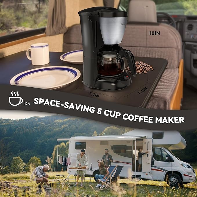 Portable Coffee Maker for Camping, Compact Drip Coffee Maker Brewer Includes 22oz Glass Carafe, Reusable Powder Filter for Traveling, RV, Office, Camping