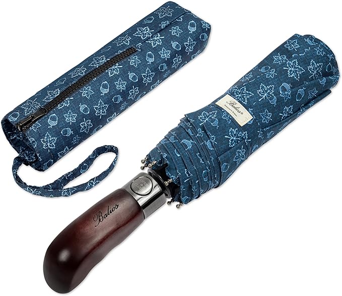 Balios Travel Folding Umbrella with Real Wood Handle Auto Open Close Vented Windproof Canopy - Designed in UK
