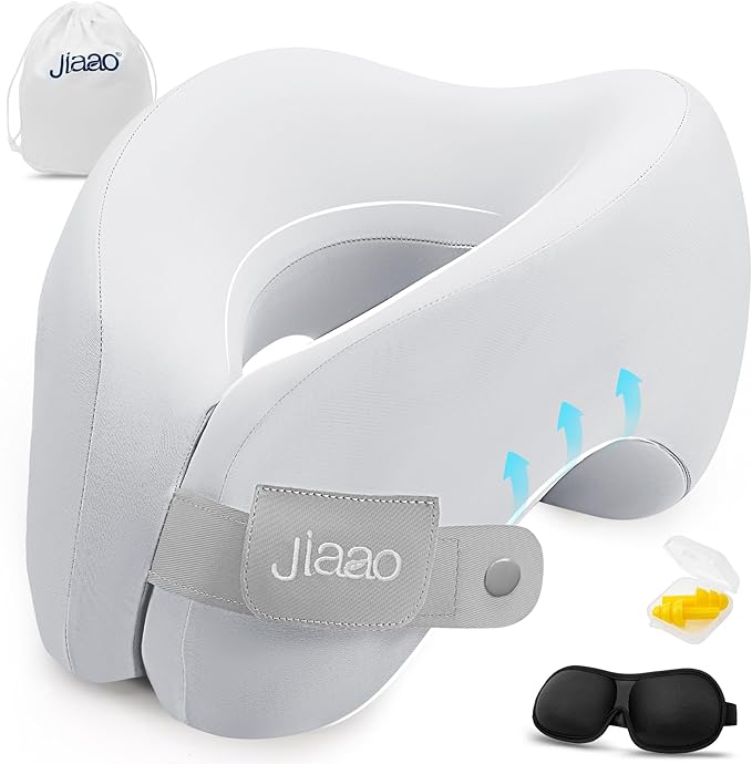 jiaao Memory Foam Neck Pillow for Travel & Airplanes, Adjustable Travel Pillow for Long Flights & Road Trips, Includes Eye Mask, Earplugs & Bag