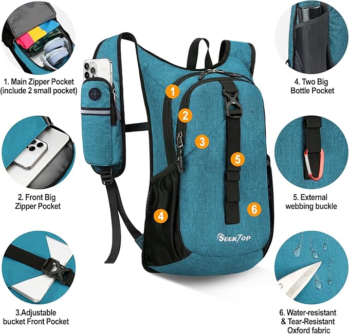 Seektop 15L Small Hiking Backpack for Women Men, Lightweight Hiking Packable Daypack with Phone Pocket for Travel Camping (Teal Blue, 15L)
