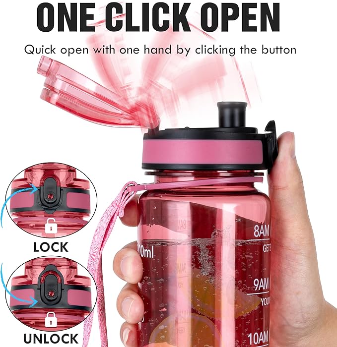 OLDLEY Water Bottle, 32oz Motivational Sports Water Bottle with Time Marker - Times to Drink - Tritan, BPA Free, Wide Mouth Leakproof,Anniversary Birthday Gifts for Men Women, Clear Red