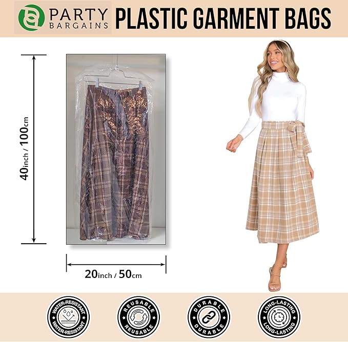 PARTY BARGAINS 40 x 20 Inch Disposable Clear Garment Bags, 100 Pack – Heavy-Duty Plastic Clothes Covers for Suits Dresses Coats, Closet & Travel
