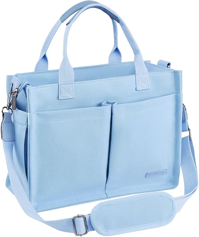 BESBESME Canvas Tote Bag for Women with Zipper & Compartments– Large Work & College Laptop Tote Crossbody Shoulder Bag