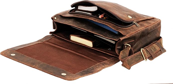Full Grain Leather Messenger Bag – Brown Buffalo Leather Laptop Briefcase for Men, Handmade Vintage Satchel Crossbody Bag for Work Office College Travel, 16 Inch Computer Business Bag