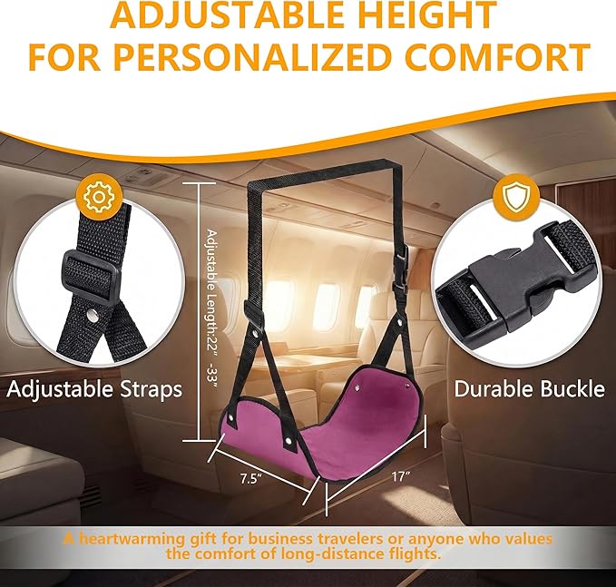 Airplane Footrest Hammock, Adjustable Foot Rest for Long Flights - Travel Must-Haves and Travel Essentials,Portable Airplane Gadgets for Flying Comfort(Rose Red,1 Pack)
