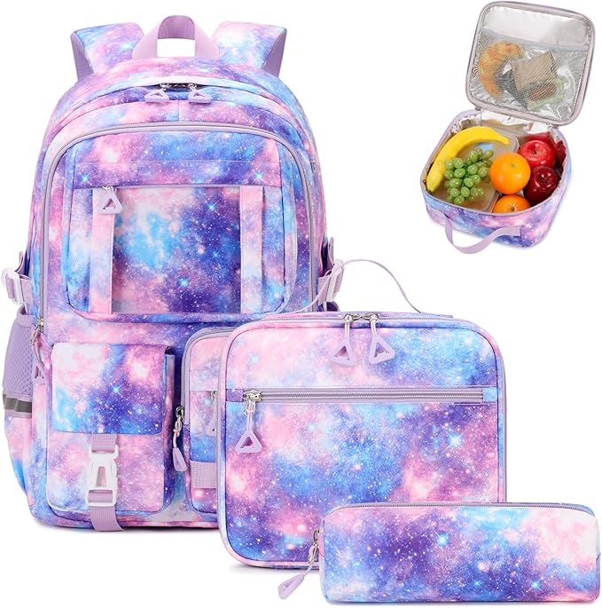 PIG PIG GIRL Backpack for Girls 3pcs Set Kids Backpack with Lunch Box Students Kawaii Book Bag for Elementary Primary Middle School Bags - Ita Backpack - Galaxy