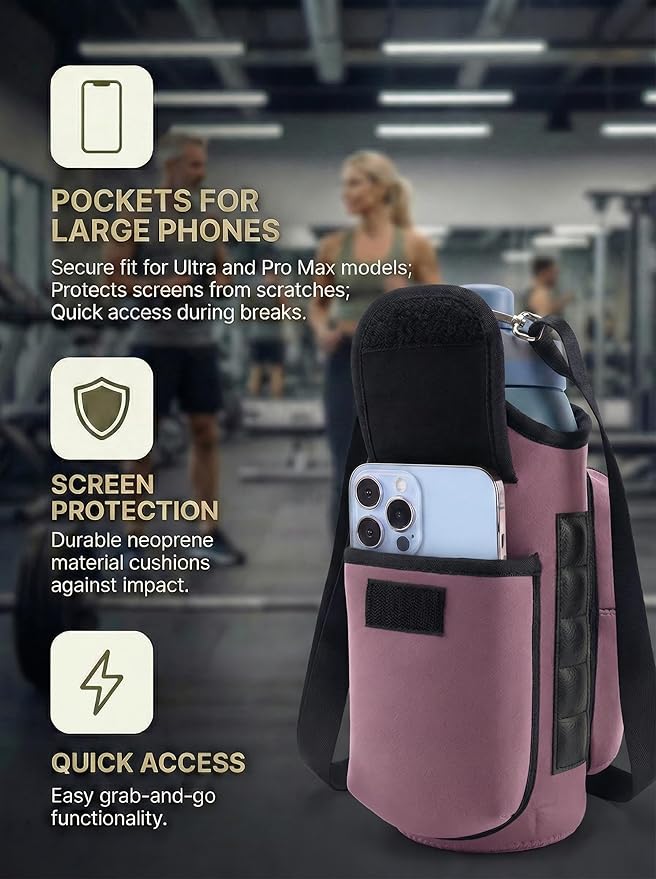 Magnetic Gym Tote Bag Holder for 18-40 oz Water Bottle,Neoprene Pouch with Phone Pocket,Men Women Workout Accessories