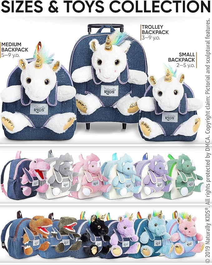 【Upgraded】Toddler Luggage for Girls w Removable Unicorn Toy | Side & Inner Pockets, Reflective Logo, Name Tag, Sparkly Denim | Kids Rolling Backpack | Travel & Birthday Gifts for 3 4 5 6 Year Old